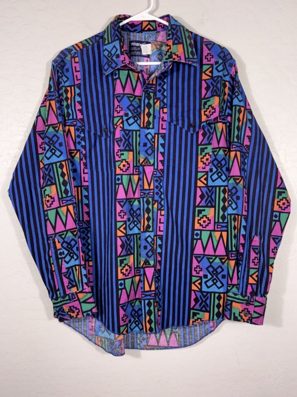 VTG 90’s Wrangler Geometric Aztec Pattern Western Button Down Shirt USA 16.5